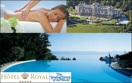 CHF 589 instead of CHF 1300 for a Luxury 2-Night Wellness Stay at the 5 Star Royal Evian Spa-Resort:  Lake-view Room, free 45 min massage / person plus 20% Off all Spa treatments, access to Spa + Tennis + Pools + Evian Masters Golf, Breakfast, Free child care Photo