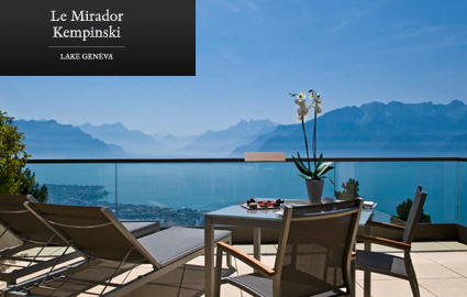 CHF 489 instead of CHF 1100 for a Dream Stay at the 5 Star Mirador Kempinski near Vevey:  1 night for 2 in lake-view junior suite with terrace, breakfast, dinner or lunch, 20% off 1st treatment at Givenchy Spa, free access to Pool, Tennis, Gym & Jacuzzi Photo
