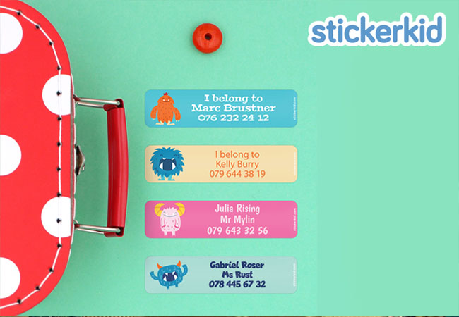 Rated 5 Stars by 13'500 (!) Parents on TrustPilot.com
Stickerkid.ch: Personalized Name Labels For Your Child's Clothes, School Equipment, Sports Gear, Toys & More


	1 voucher = pack of 241 personalized stickers & iron-on labels, made in CH
	Shipping Included

 Photo