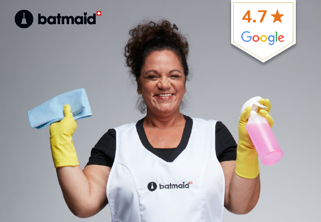 4.7 Stars on Google

Pro Home Cleaning - Insured & Legal - by Batmaid. Valid in Geneva, Vaud & Zurich


	3 Hours: 117 CHF 89
	6 Hours: 234 CHF 179 
	9 Hours: 351 CHF 269

 Photo