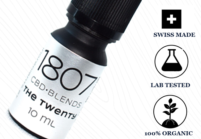 Purity-tested by Swiss Lab
​Organic Full-Spectrum Swiss CBD Oil from 1807 Blends: 10ml Bottle of 20% Oil. Incl Free Delivery

CBD Oil is most often used to improve sleep, reduce anxiety & lower pain. 4 aromas to choose from: Natural, Apple, Raspberry, Peppermint
 Photo