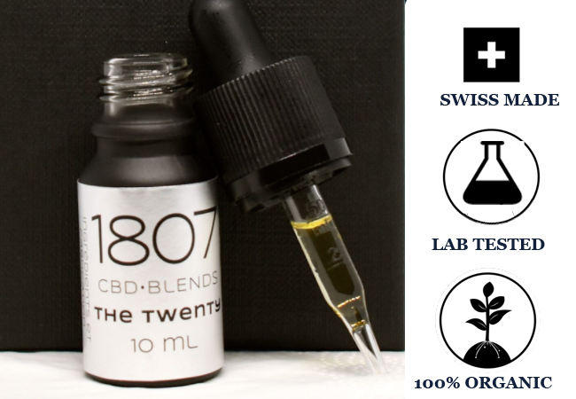Purity-tested by Swiss Lab
​Organic Full-Spectrum Swiss CBD Oil from 1807 Blends: 10ml Bottle of 20% Oil. Incl Free Delivery

CBD Oil is most often used to improve sleep, reduce anxiety & lower pain. 4 aromas to choose from: Natural, Apple, Raspberry, Peppermint
 Photo