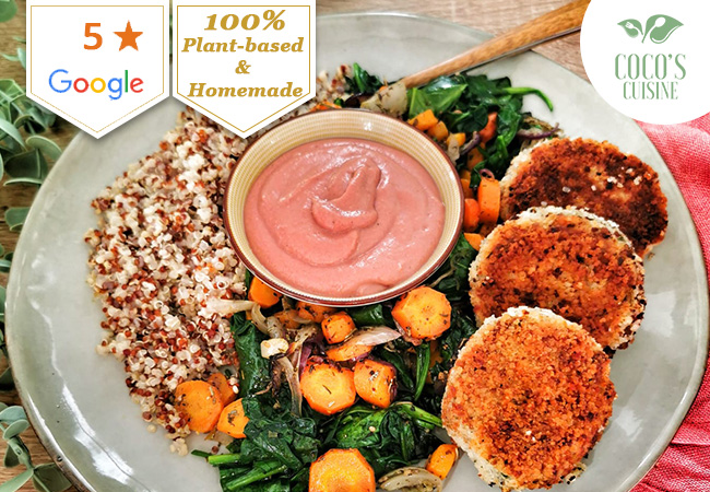 5 Stars on Google
Vegetarian & Organic Meals by Coco’s Cuisine for Delivery or Take-away. 1 Voucher = Full Meal for 2 People, Once Per Week for 2 Consecutive Weeks
Chef Coralie - aka Coco - prepares everything from scratch using local ingredients
 Photo