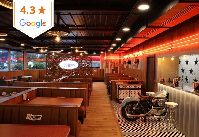 4.3 Stars on Google
1960's American Retro Dining at HDiner (Acacias): Hot Dogs, Burgers, BBQ Ribs, Mac+Cheese & More. 1 Voucher = CHF 80 CreditYou'll feel like you stepped into a time machine and that Elvis may be your waiter in this unique dining experience. Valid dinner & lunch
 Photo