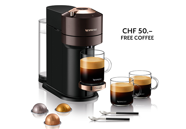 Nespresso​ Vertuo Next Premium Rose-Gold Coffee Machine with:
+ CHF 50 Capsule Credit
+ Mug Set Gran Lungo + Delivery & GuaranteeNespresso's newest machine brews any coffee size - incl espressos, big mugs & even carafes - and has the largest capsule selection
 Photo
