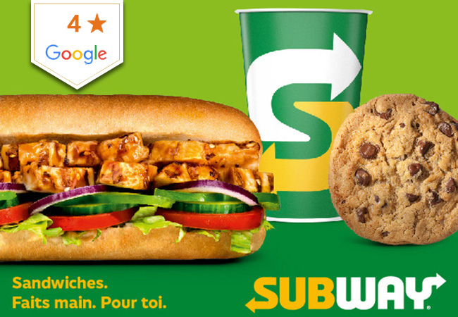 4 Stars on GoogleSUBWAY Sandwiches 7/7 (St Gervais near Manor):
2 Menus incl Footlong Sandwiches + Drinks + Desserts / Sides

Delicious sandwiches made on the spot with fresh ingredients
 Photo