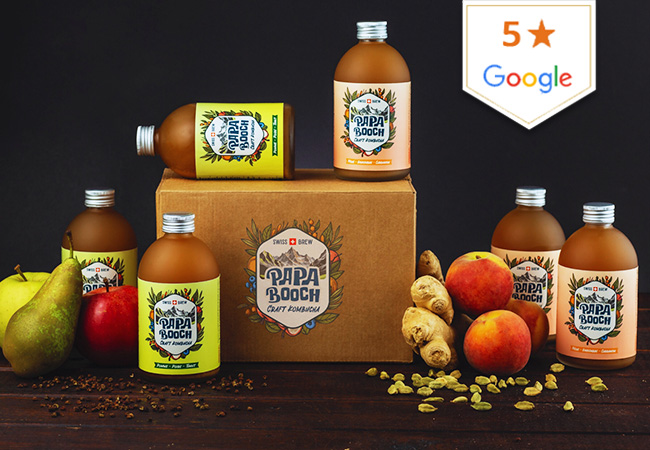 "High p​robiotics, low cal" -GQ 
Artisanal Kombucha by Papa Booch Geneva (incl Delivery): 18 BottlesFermented, low-calorie cold tea bursting with gut-healthy cultures & probiotics 
 Photo